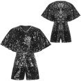 thumbnail image 4 of iefiel Girls Sequins Jumpsuits Sparkly Rompers V Neck Cap Sleeve Pageant Party Disco Dance Outfits Black 8, 4 of 5