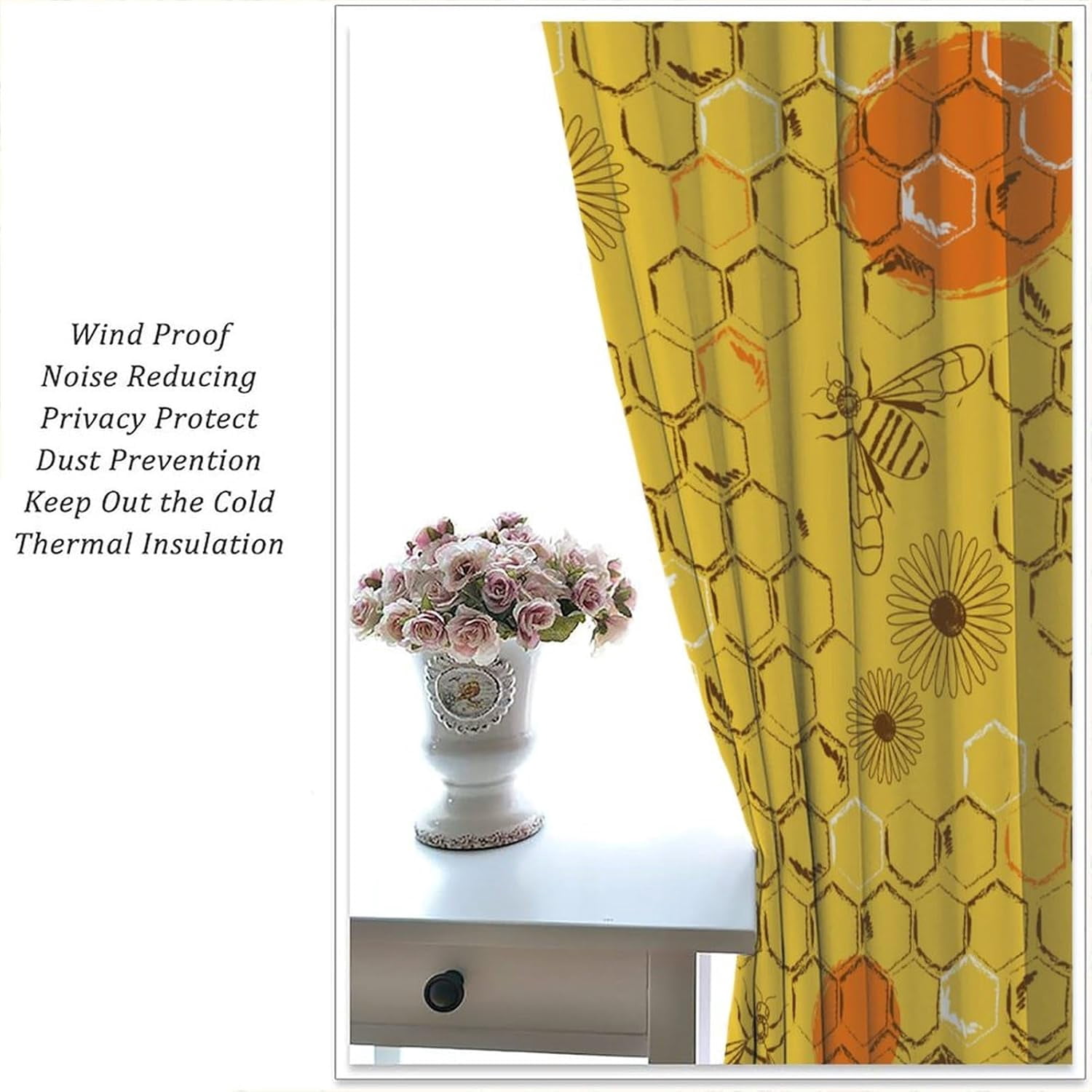 Kids Bee Blackout Curtains Cartoon Cute Bee Yellow Honeycomb Floral Pattern Print Living Room Curtains Suitable for Boys Girls Room Bedroom Decorative Curtains 52x84 Inches