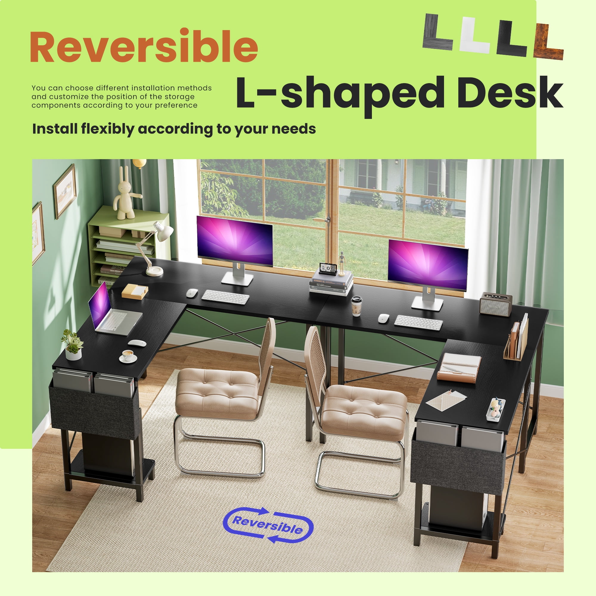KPUY 49-Inch L Shaped Desk with CPU Stand Side Bag, Gaming Desk Home Office Desk for Home Office Dorm Sturdy Writing Workstation, Black