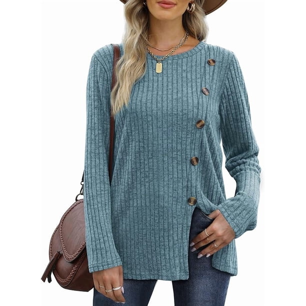 Tops de manga larga para mujer, jerséis ligeros para mujer, túnica con abertura frontal y botones
