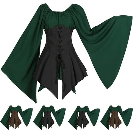 Jacenvly New Vintage Dresses for Women Halloween Women S Gothic Retro Long Sleeve Corset Dress Women Evening Dresses Coffee Xxxl