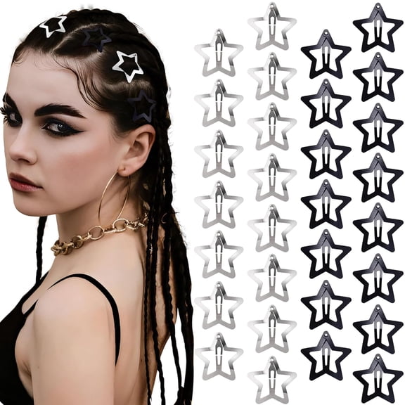 BZCOE 30 Pcs Metal Star Hair Clips 2000S Y2K Snap Barrettes 1.25 in Non Slip Star Hair Accessories for Women,Star Clips Black Silver