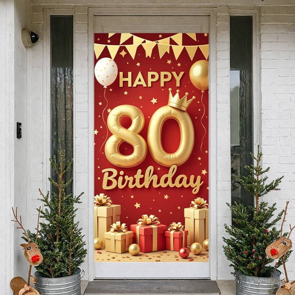 Golden Decor Happy 80th Birthday Banner Red Background 80th Birthday Display Crown Design Balloon Elements Golden Birthday Backdrop for Elderly Birthday Family Gathering Milestone Party