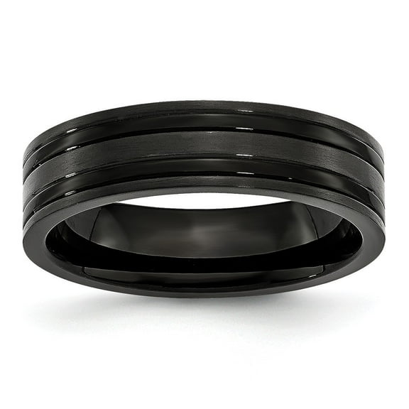 Black Titanium Grooved 6mm Brushed and Polished Band Ring - Size 12.5