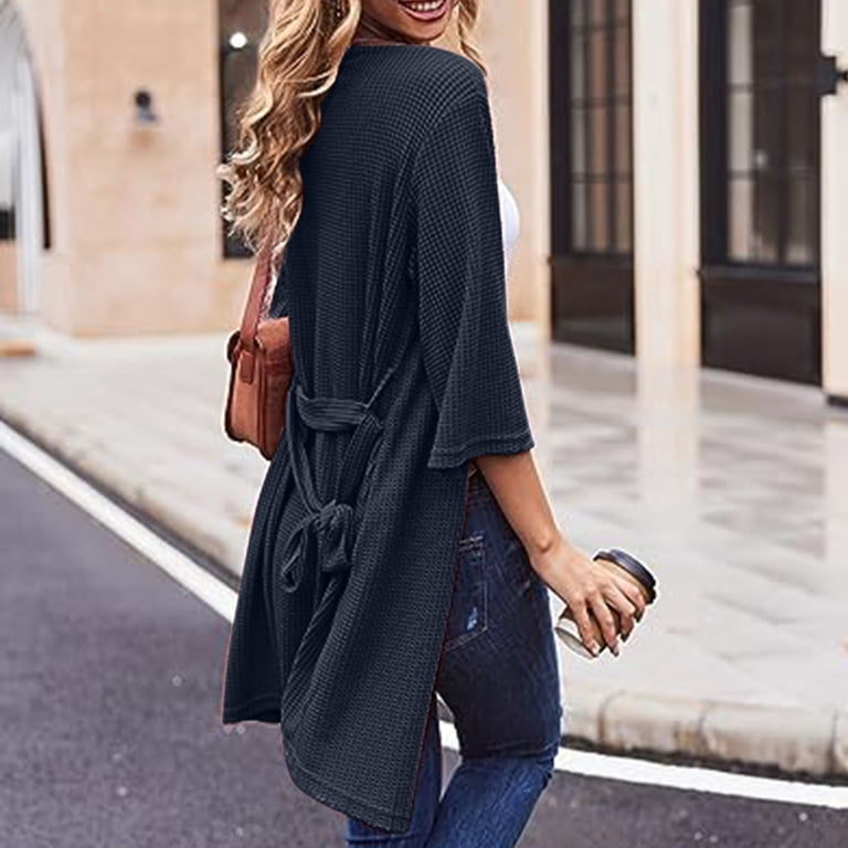 navy dressing gown ladies Waffle Womens Robe Gowns Long Bathrobe Soft Dressing Gown Pajamas V Neck Long Sleeved Bath Robes with Belt for All Seasons Spa Hotel Sleepwear XL slay
