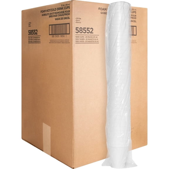 58552 Foam Cups, 12 oz., 1000/CT, White