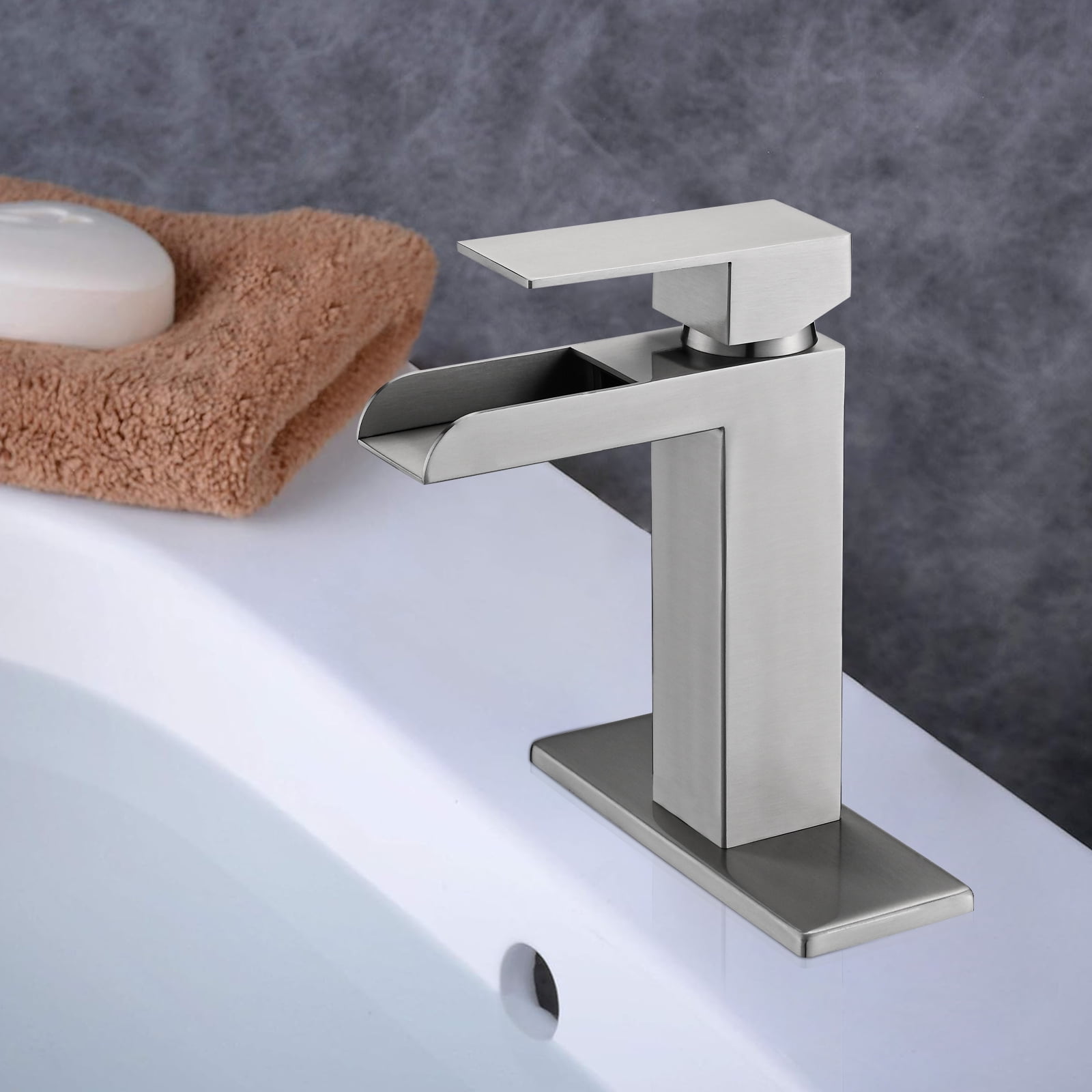 MAYEERTY Brushed Nickel Waterfall Single Handle Bathroom Faucet with Deck Plate & Pop-Up Drain, Brushed Nickel