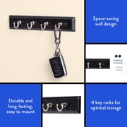 Mainstays Black 8.75 inch Key Rail with 4 Satin Nickel Hooks for Keys, Mail, Leashes, 2 lbs Capacity, 1 Pack