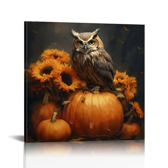 JRXY Autumn Pumpkin Paintings Prints Owl Sunflower Thanksgiving Canvas Wall Art Decor for Bedroom, Home Interior 12x12 in