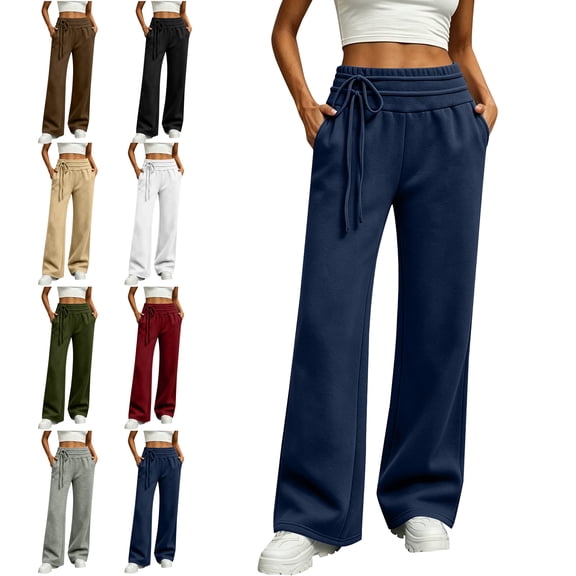 SYwaren Womens Casual Wide Leg Sweatpants Loose Baggy Elastic Waist Drawstring Solid Winter Fashion Flowy Lounge Pants with Pockets