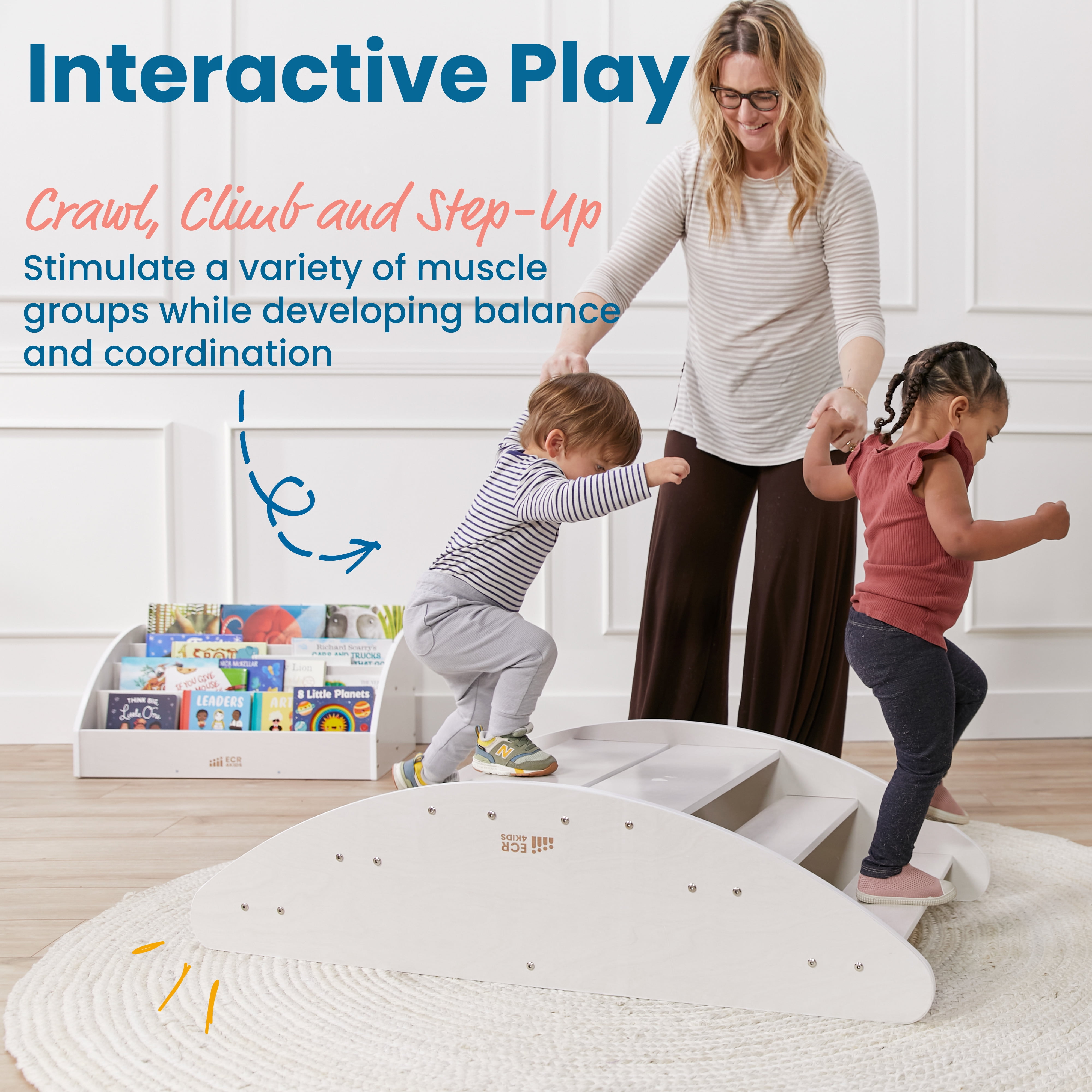ECR4Kids Wooden Rocking Boat and Steps Play Center, Montessori Furniture, White Wash