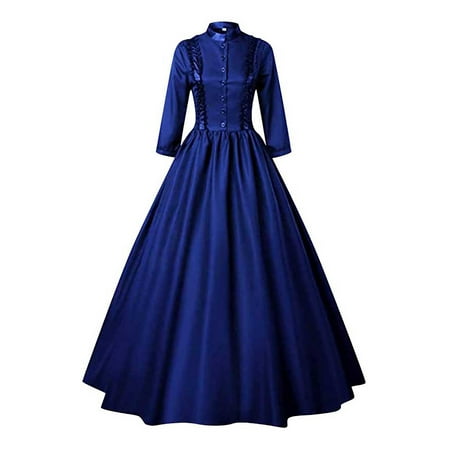 Vintage Vibes  Modern Flair HIMIWAY Halloween Party Outfit Women s Gothic Ruffle Bell Sleeve Corset Halloween Costume Plus Size Dress Off Shoulder Pattern Print Solid Color Dress Blue XL