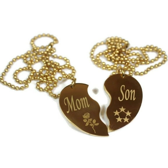 SPLIT HEART NECKLACE MOM SON SET STAINLESS STEEL IPG GOLD PLATED PENDANTS TAGS