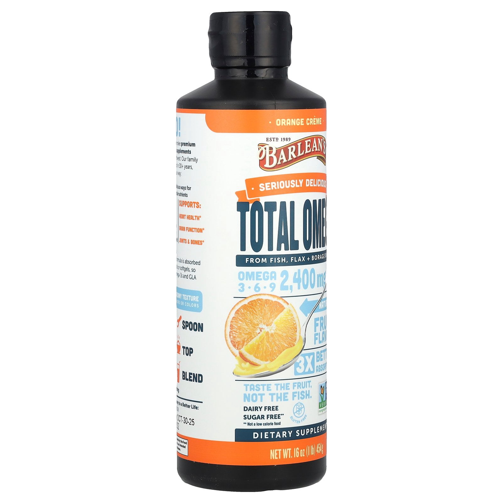 Barlean's Total Omega®, Omega 3-6-9, Orange Creme, 2,400 mg, 16 oz (454 g)