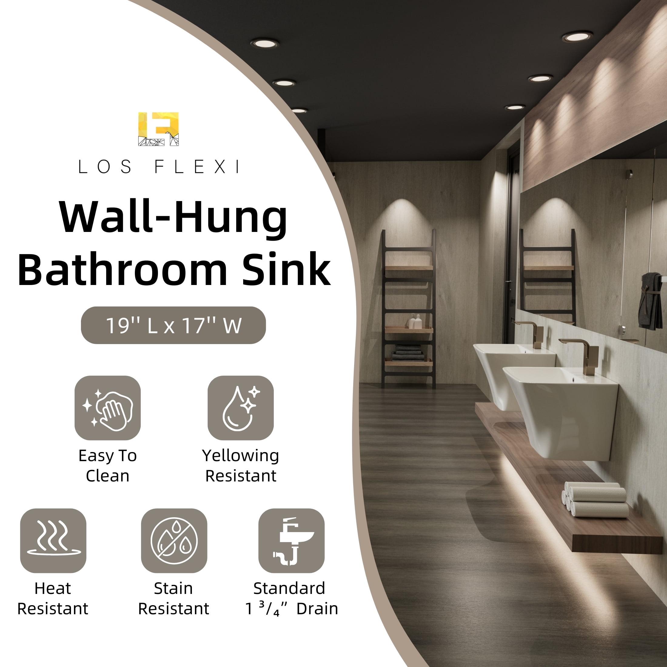 Los Flexi 19" Wall Mount Sink with Overflow in White, Floating Bathroom Vessel Sink, One Faucet Hole, Includes Pop-Up Drain Kit