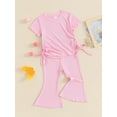 thumbnail image 4 of Musuos Toddler Girls Ribbed Summer Outfits, 9M 12M 18M 24M 3Y 4Y Short Sleeve Round Neck Side Drawstring Tops + Elastic Waist Flare Pants Set, 4 of 10