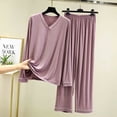 thumbnail image 2 of Women's V-Neck Loungewear Two Piece Set Loose Long Sleeve Top and Straight Leg Full Length Pants Soft Breathable Casual Pajama Set Purple, 2 of 7