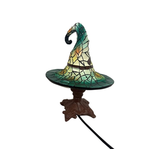 Resin Witch Hat Table Lamp, Vintage Faux Stained Glass Lamps, Gothic Halloween Tabletop Decor for Home Bedroom Office Mantel Shelf Indoor Party Lighting