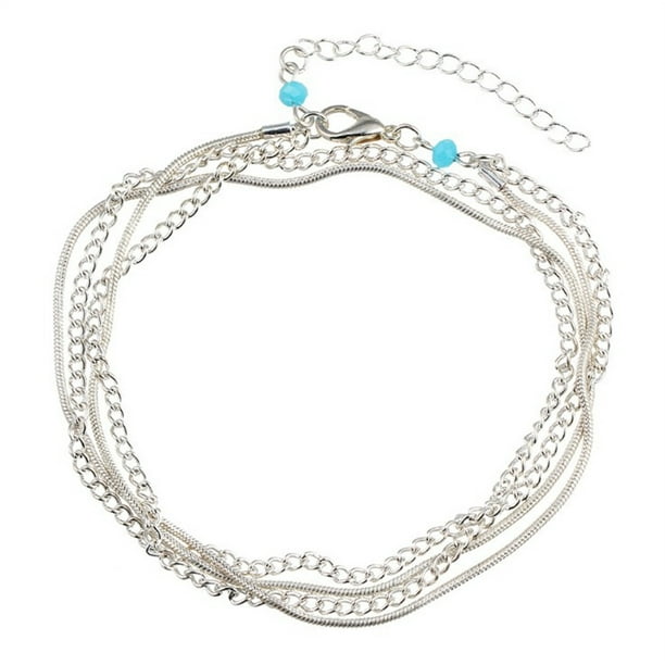 Tobillera para mujer ajustable con corazón, luna y flores de varias capas y perlas, joya para la playa