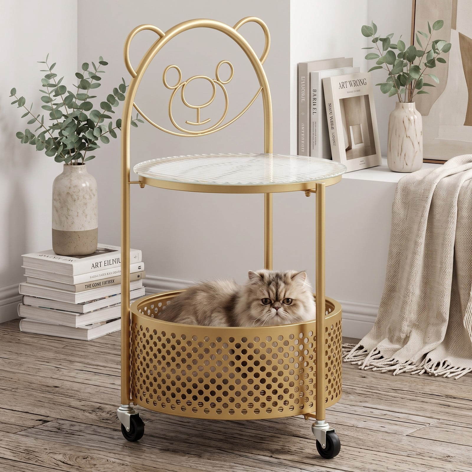 Furnibear Modern Sofa Side Table with Lockable Wheels, Round Tempered Glass End Table with Metal Storage Basket for Living Room Bedroom Study, Rolling C-Shaped, Gold