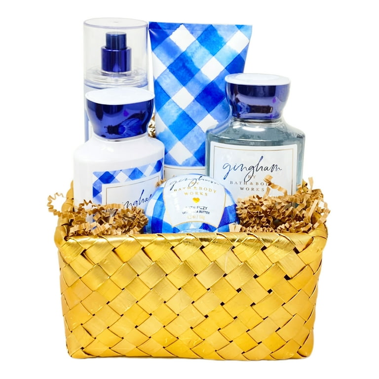 Bath and Body Works Gingham Gold Woven Basket 5 Piece Gift
