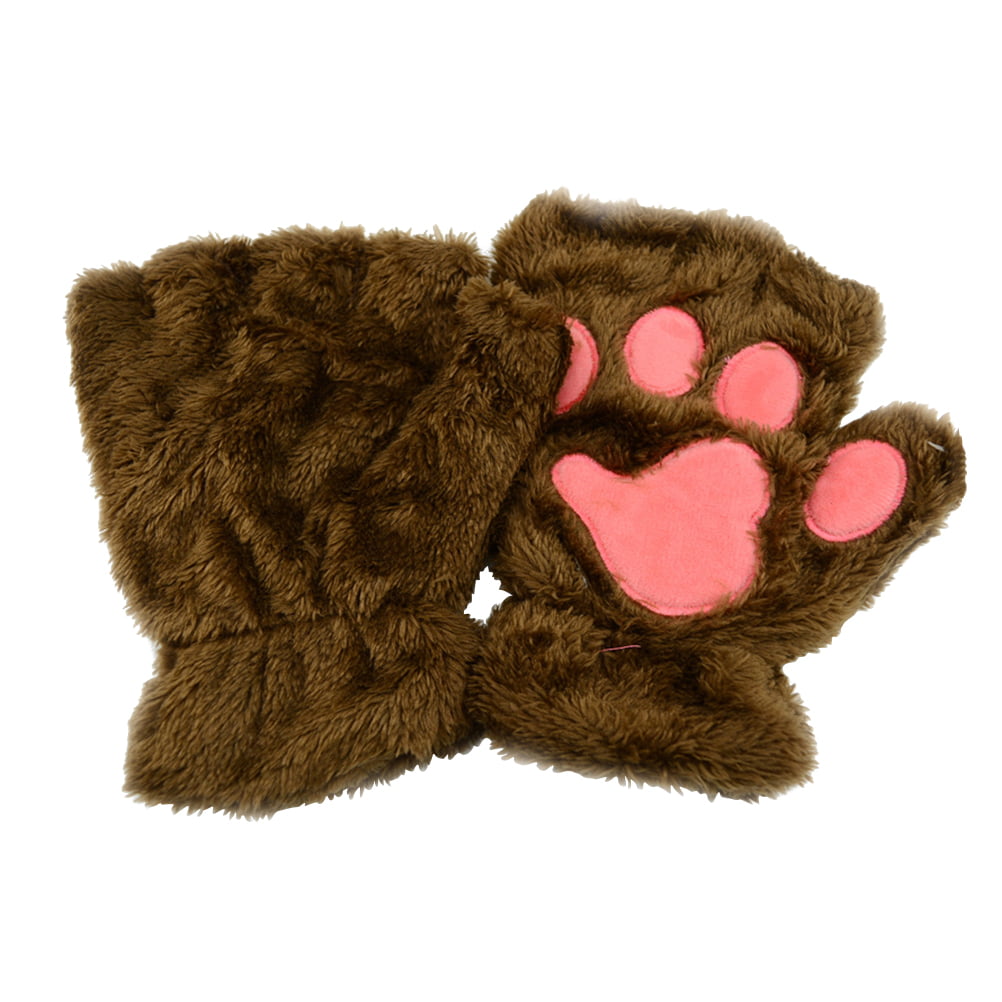 Winter Women Plush Cat Paw Claw Short Half Finger Gloves Cover Mittens 
