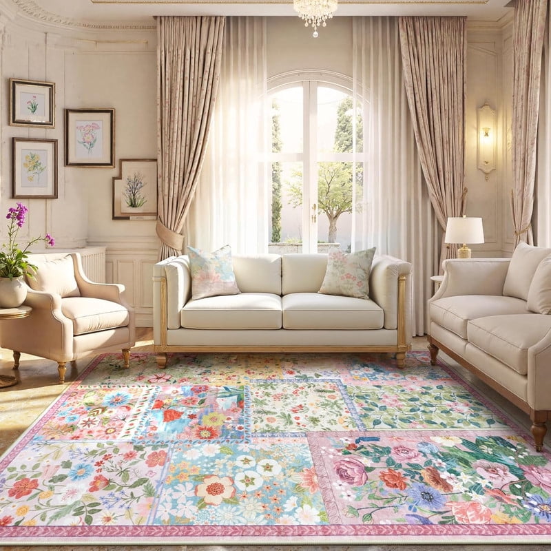 Wonnitar 8'x10' Pink Washable Area Rug - Soft Botanical Boho Carpet for Living Room, Non-Slip Ultra-Thin Rug for Bedroom Under Bed, Dining Room Home Office