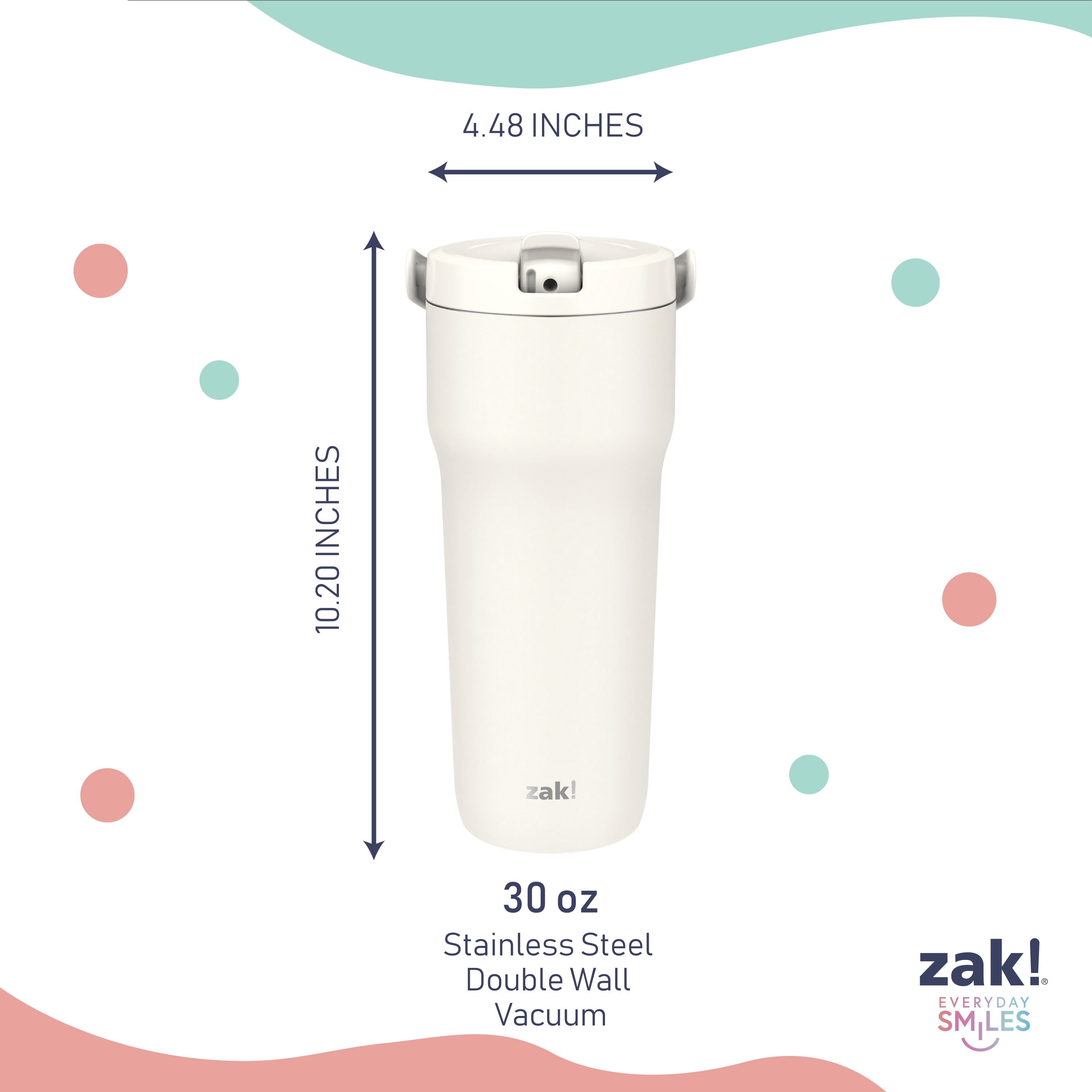 Zak Designs Sutton Travel Tumbler for On the Go, 30oz Stainless Steel with Vacuum Insulation, Straw Spout, Carry Handle for Cold Drinks (Cream White)