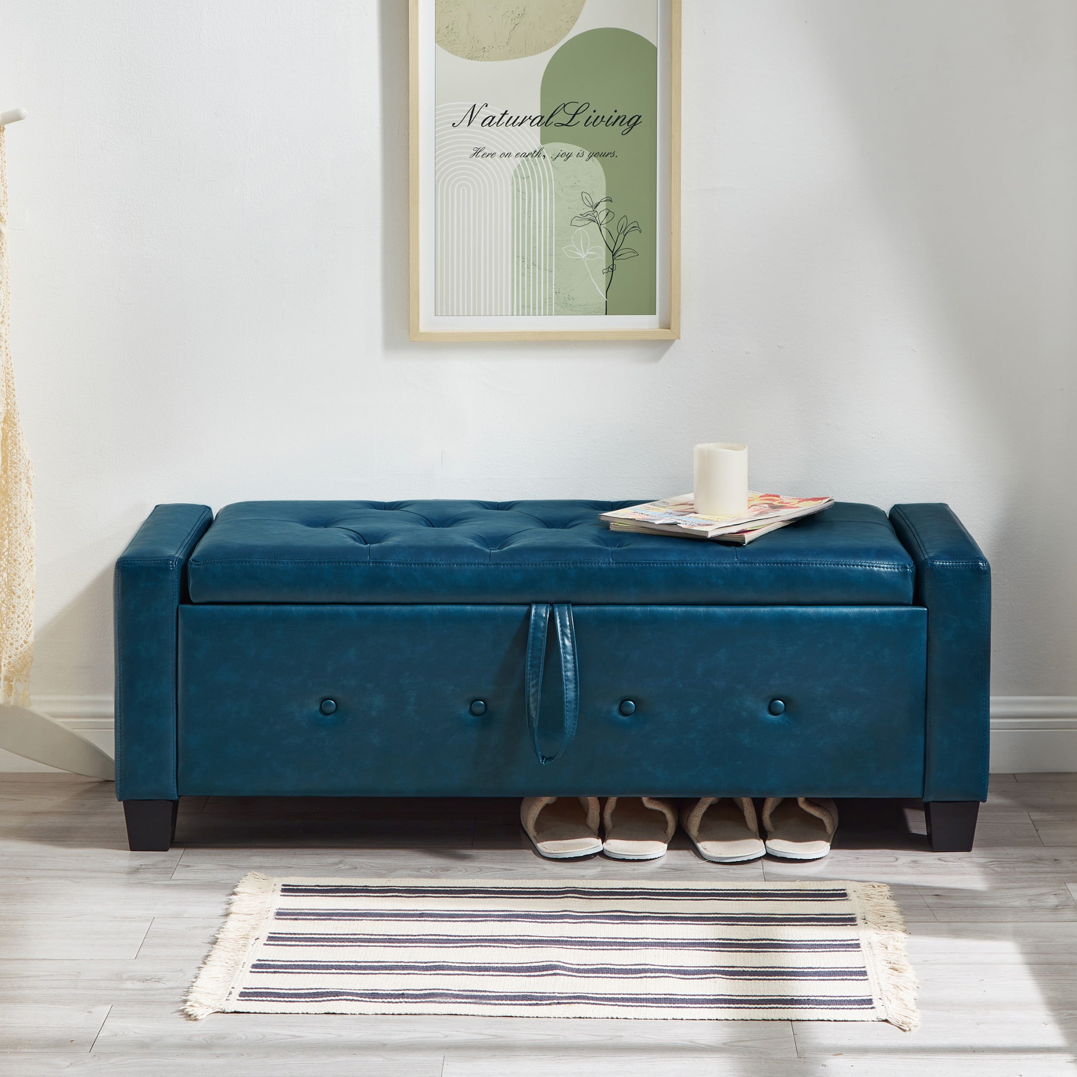 Aukfa 48" Storage Ottoman Bench with Safety Hinges, Upholstered Tufted Faux Leather Bench for Bedroom, Living Room & Entryway, Blue