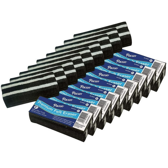 Pacon Chalk & Whiteboard Eraser, Premium, 6 Black & White Felt Strips, Double-Stitched, Reinforced Backing, 5", Pack of 12