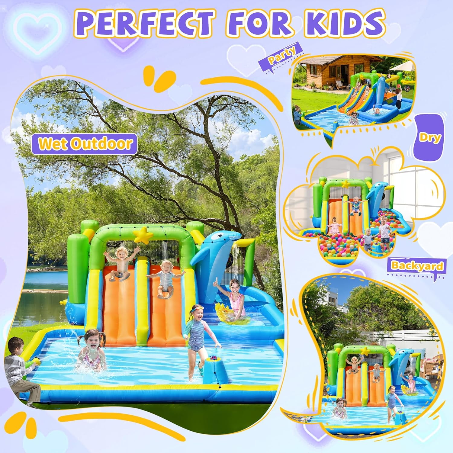 Acpouw 9 in 1 Inflatable Water Slide for 3-12 Years, Bounce House with Blower Shower Soak, Pool, Sprinkler Fountain, Water Gun Target for Kids , Indoor/Outdoor Kids Bouncy Castle with Blower