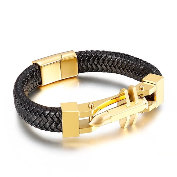 Terandius Men's Titanium Steel Leather Bullet Bracelet - Fixed Size 19/21 cm Woven Punk Style Charming Wristband, Creative and Avant-garde Men's Jewelry
