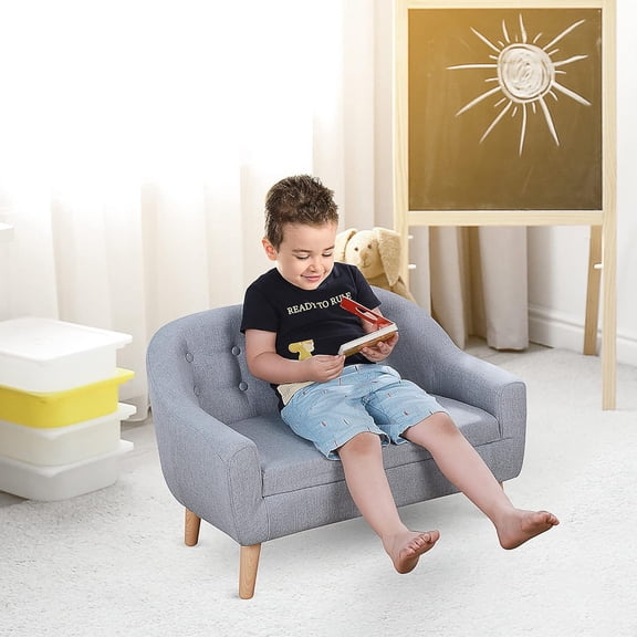2-Seat Kids Sofa - Toddler Sofa Couch with Breathable Fabric & Durable Wood Frame for Ages 3-7, Gray