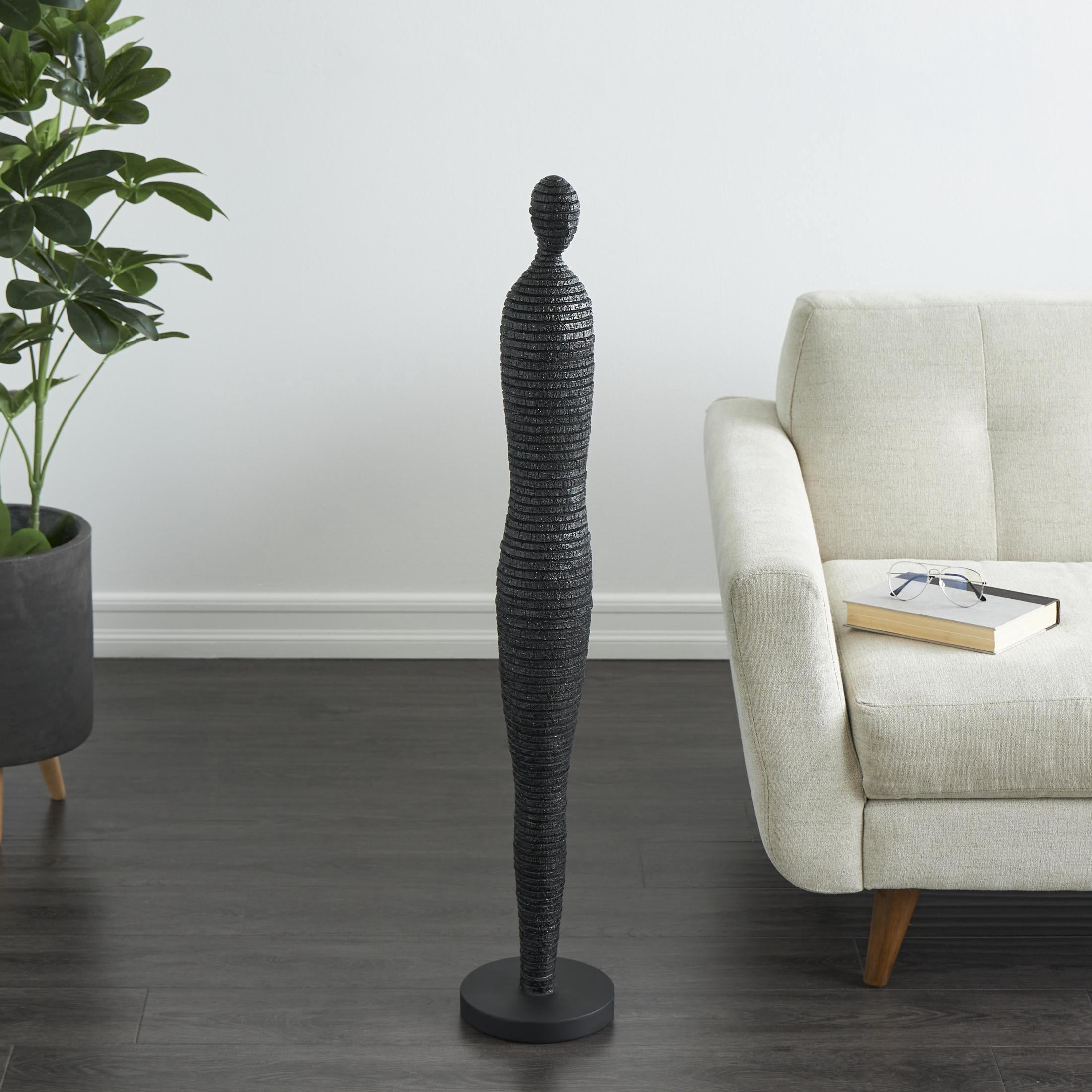8" x 43" Black Polyresin Tall Slim Figure People Sculpture with Ribbed Body and Glitter Accents, by DecMode