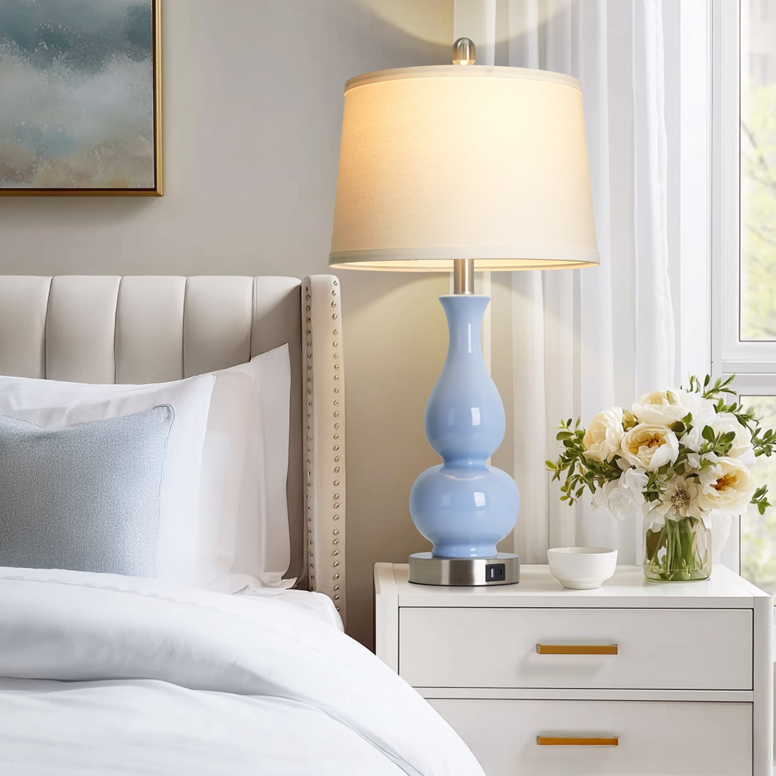 Lolikit Table Lamp Set of 2, Coastal Blue Ceramic Coastal Lamp, 27" Modern Nightstand Bedside Lamp for Living Room Bedroom, Bulbs Included