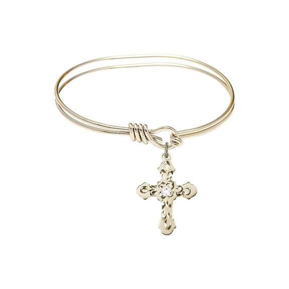5 3/4 inch Oval Eye Hook Bangle Bracelet w/ Cross medal charm w/ April Crystal Swarovski Crystal