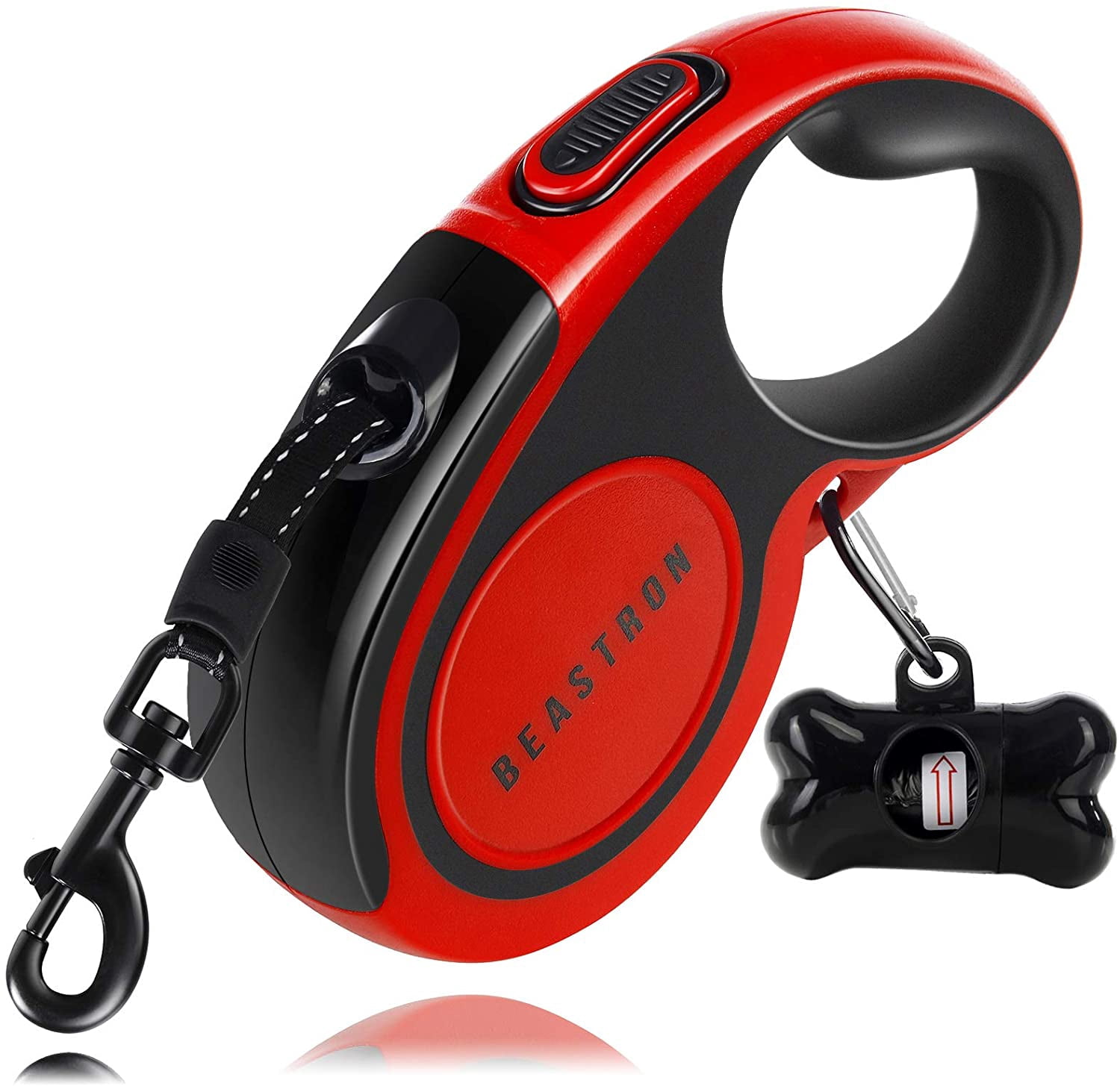 Beastron (Upgraded) Heavy Duty Retractable Dog Leash, 16" Extra Long Tangle-Free Reflective Nylon, Medium to Large Dogs up to 110lbs, One Button Lock/Unlock, Waste Bags and Dispenser Included (Red)