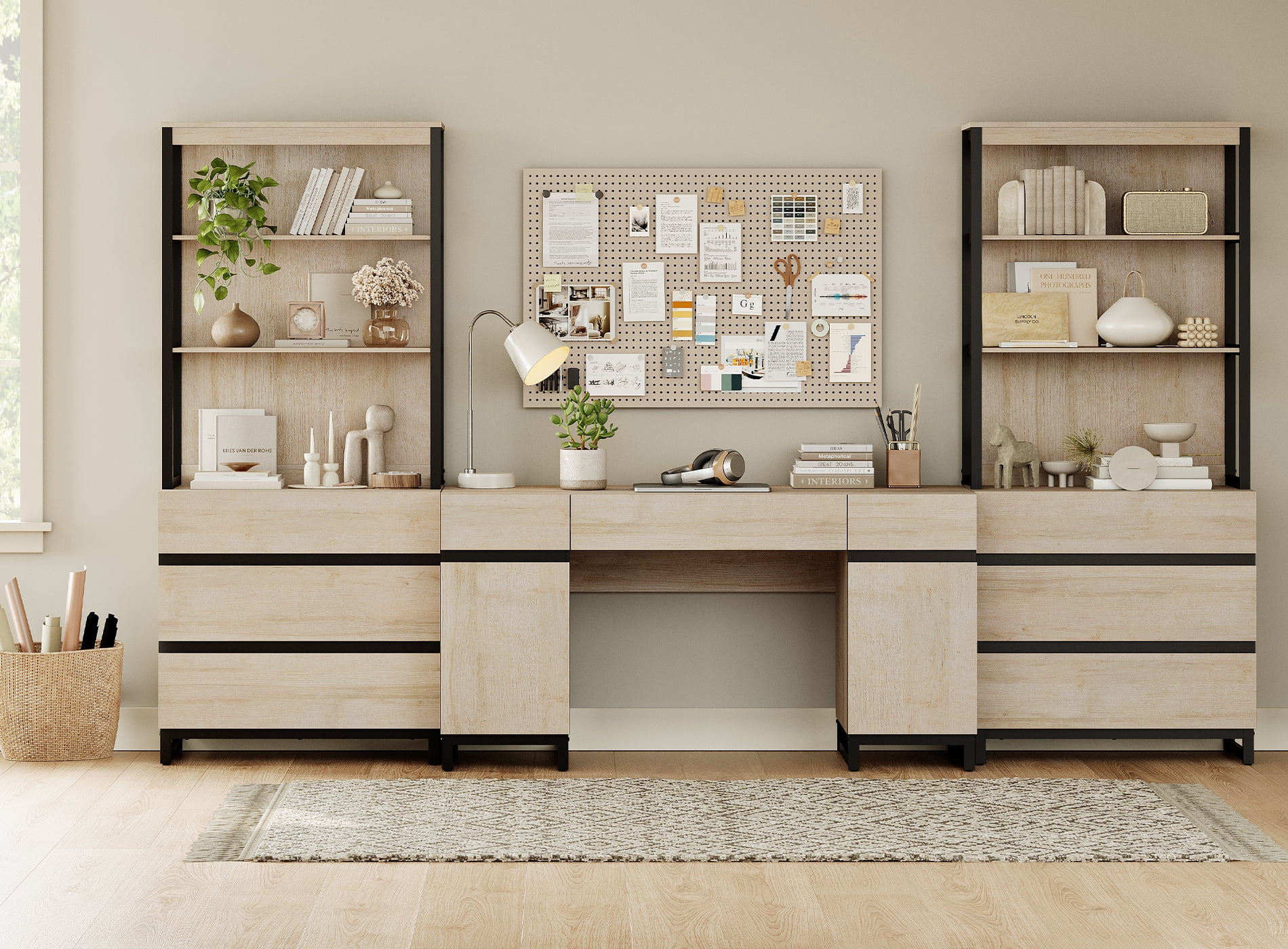 WAMPAT Home Office Furniture Set: 59" Executive Desk with Charging Station and Storage Cabinet, 72" Tall Bookcase with 6 Drawers, Modern Computer Desk and Library Shelf for Work Study, Beige