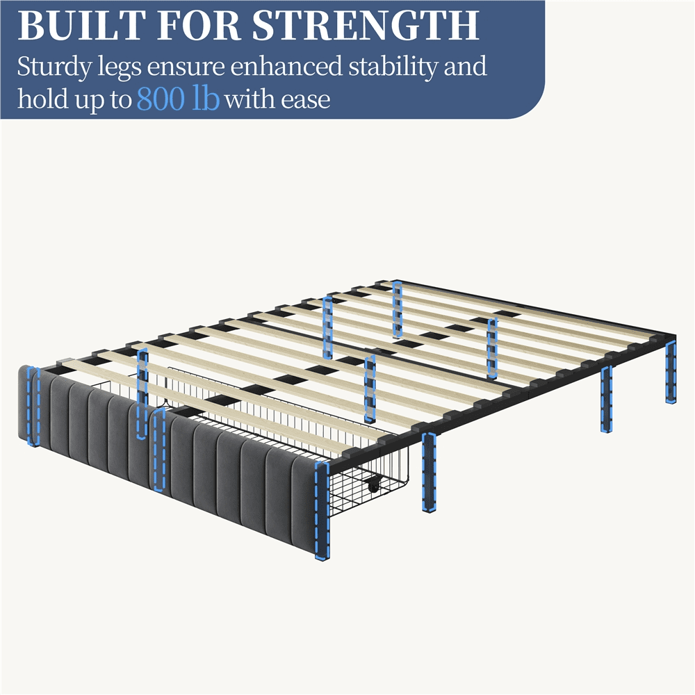 Fullfurnique Upholstered Platform Bed Frame with Three Storage Drawers, Full, Dark Gray