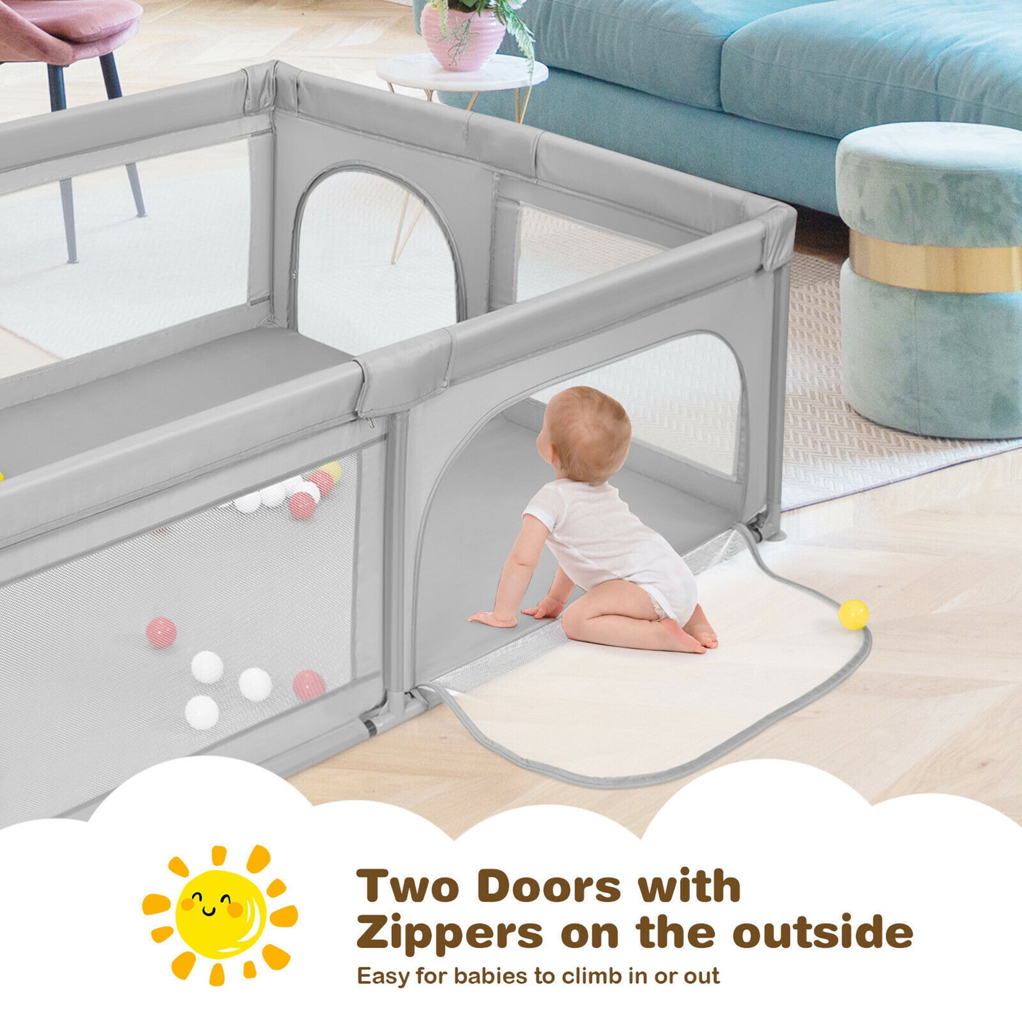 Gymax Extra-Large Safety Baby Fence Baby Playpen with 50 Ocean Balls Gray