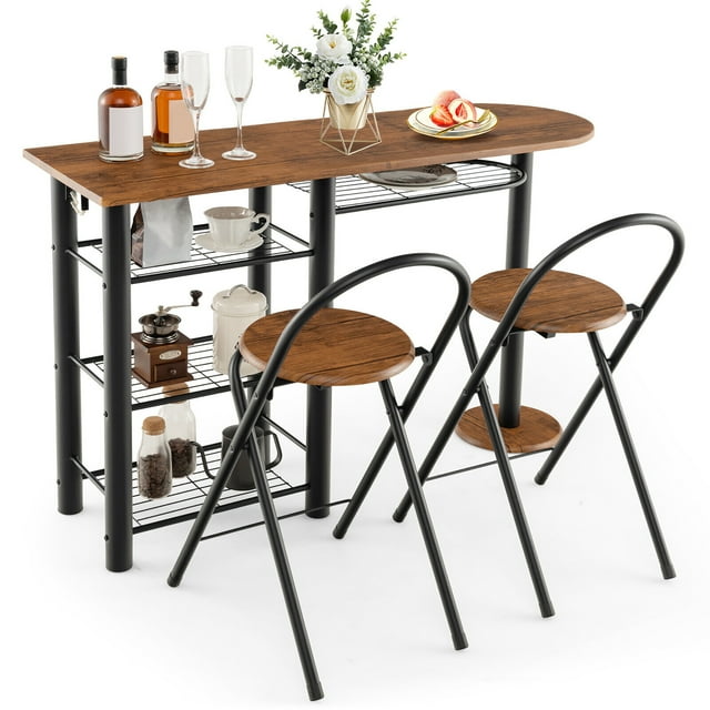 Gymax Ensemble de Table à Manger 3 PCS W / 2 Chaises Pliables et 4 Niveaux d'Économie d'Espace de Rangement