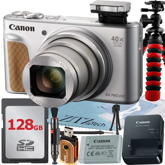 Canon PowerShot SX740 HS Digital Camera (Silver) with 40x Optical Zoom Lens + 128GB Memory Card + Tripod + ZeeTech Basic Bundle