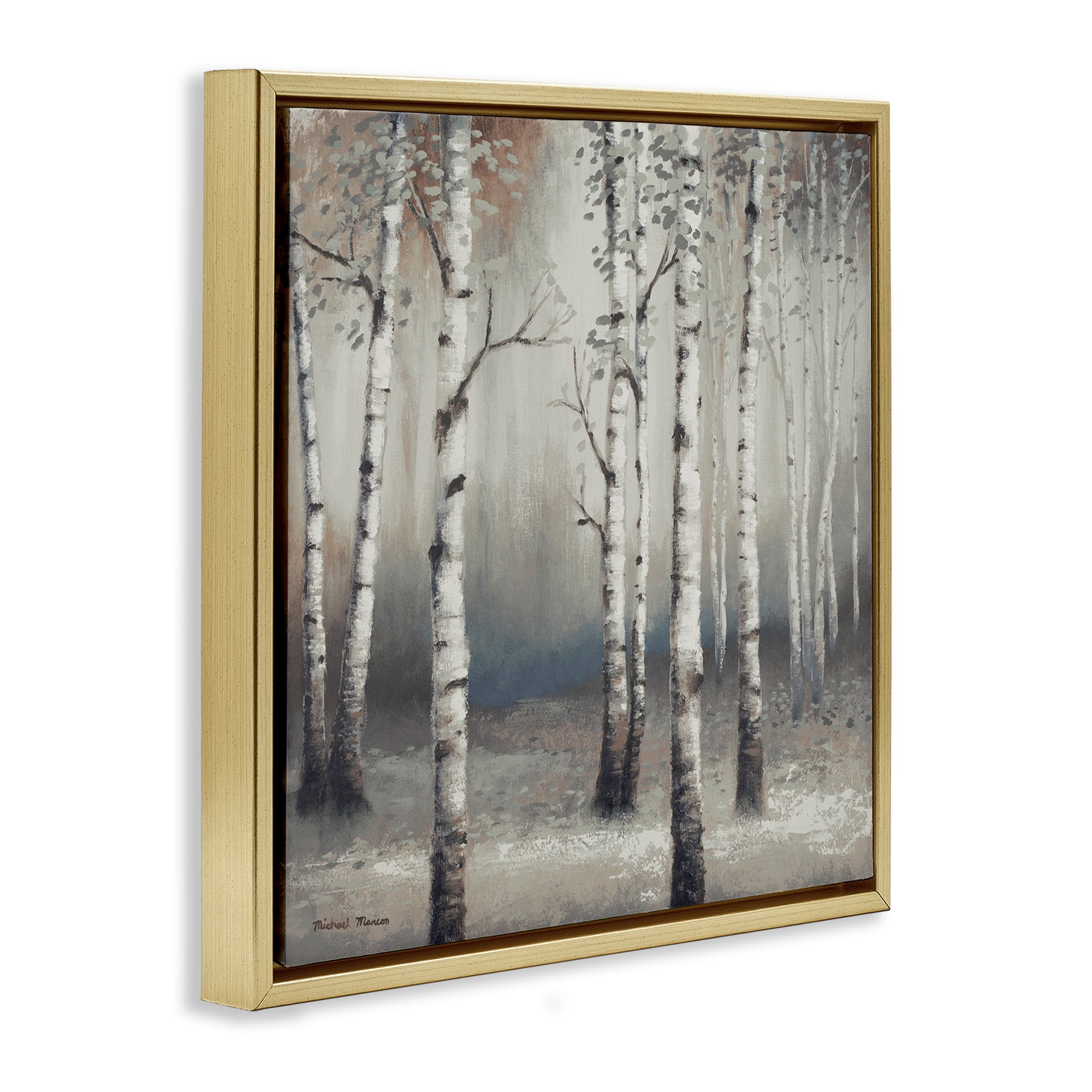 Stupell Industries Birch Trees with Misty Haze Botanical & Floral Painting Gold Floater Framed Canvas Art Print Wall Art, 18 x 18
