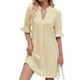 thumbnail image 6 of qucoqpe Womens Summer Ruffle Half Sleeve T-shirts Dress Fashion Casual V Neck Hollow Sun Dress Solid Color Loose Knee-Length Dress, 6 of 6