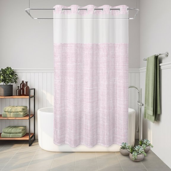 No Hook Shower Curtain Pink Farmhouse Waterproof Fabric Shower Curtain Vintage Modern Solid Color Hotel Style Bathroom Curtain with See Through Top Window Machine Washable 36x72in