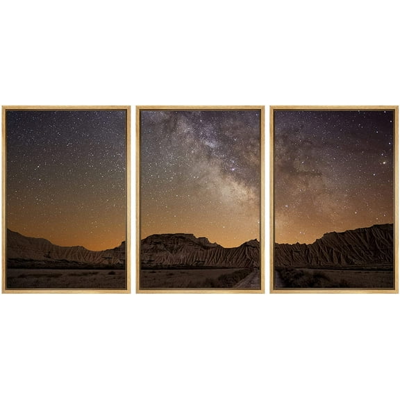 wall26 - 3 Piece Framed Canvas Wall Art - Milky Way Over The Desert of Bardenas, Spain - Modern Home Art Stretched and Framed Ready to Hang - 24"x36"x3 NATURAL