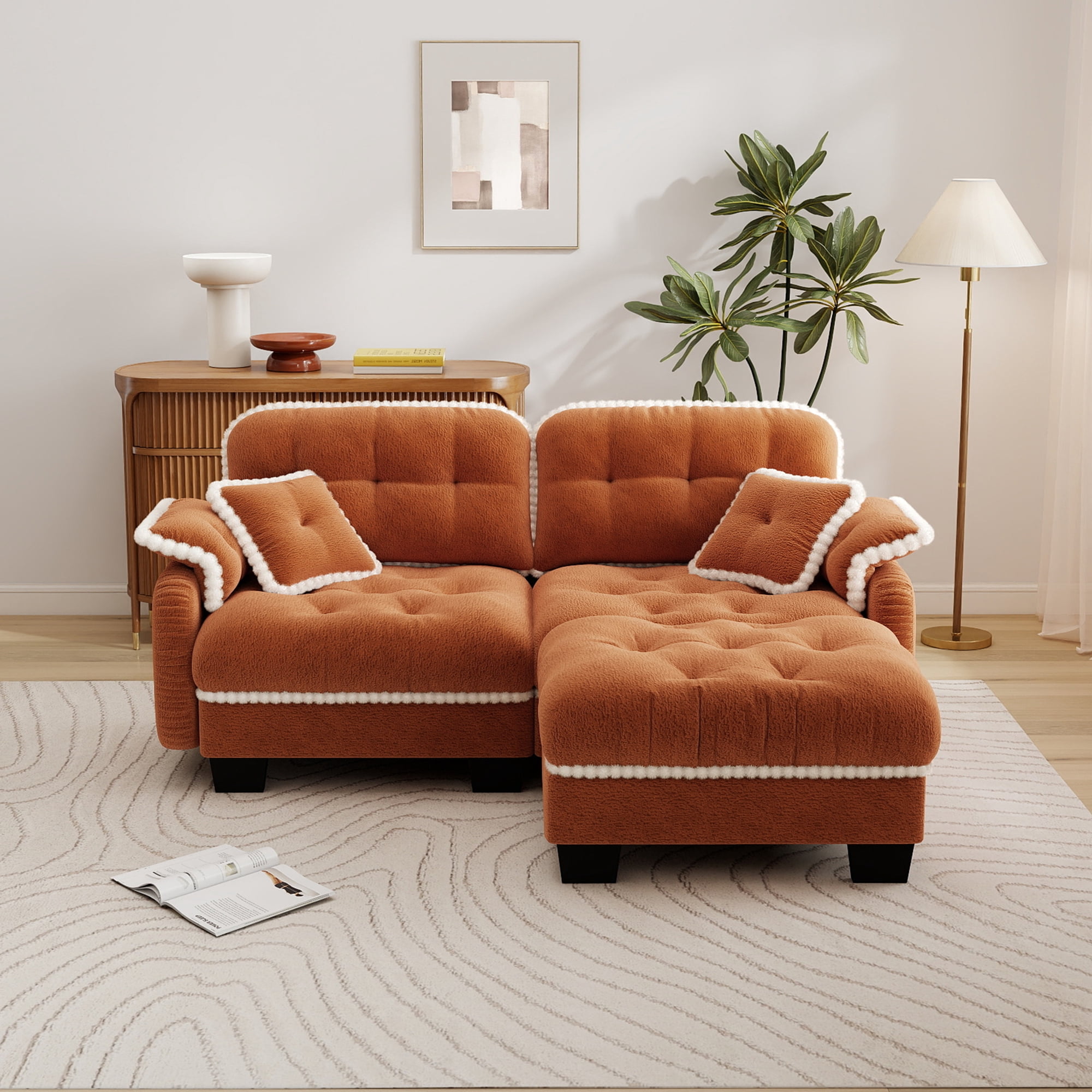 Aenkyo 70" Chenille Modular L-Shaped Sectional Sofa with Movable Ottoman, 23.8" Deep Seat, Orange