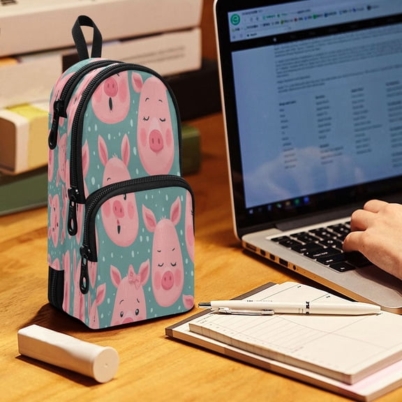 Backpack Pencil Case, 3 Compartment Large Capacity Oxford Fabric Pencil Pouch / Piggy Moods Pattern