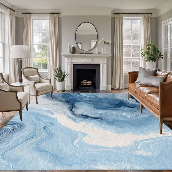 Large Area Rugs for Living Room Bedroom, Blue Marble 5'x8' Rug Washable Carpet Runner Indoor Outdoor, Summer Ocean Wave Blue Ombre Non Slip Floor Mats Rug for Kitchen, Bathroom