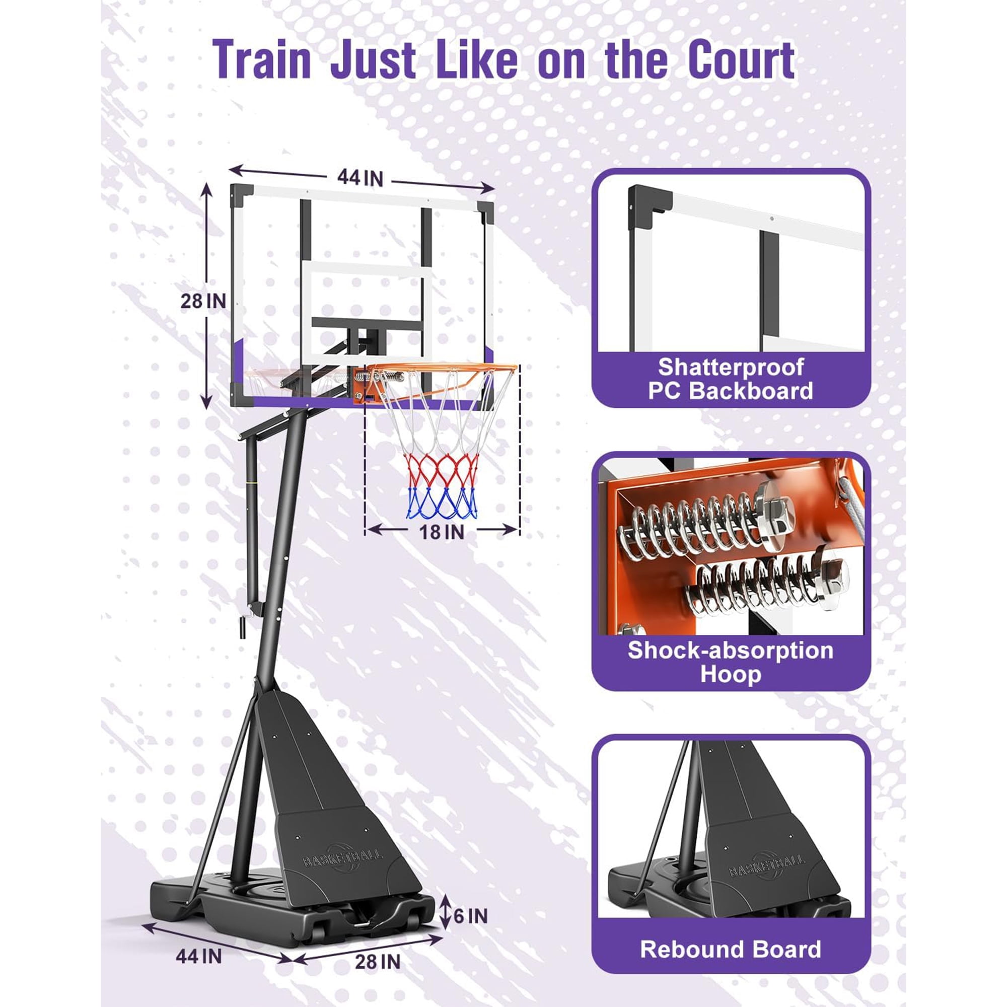 Toremore 44" Basketball Hoop Outdoor Adjustable, 5.25-10FT Portable Basketball Hoop Goal System with Shatterproof PC Backboard and Larger Base for Kids Youth and Adults
